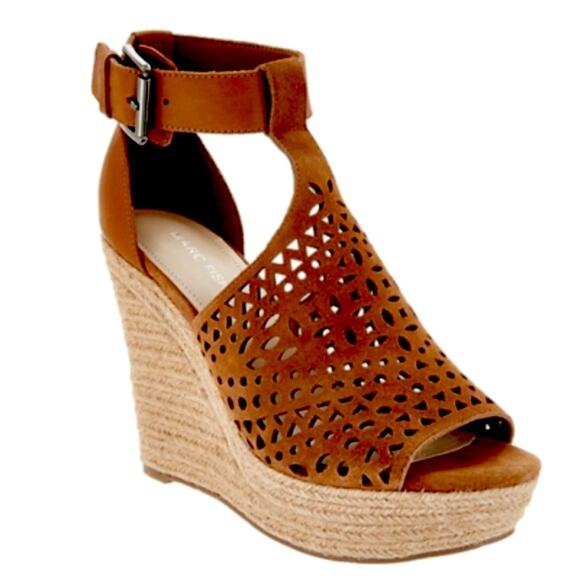 Marc Fisher Hasina Dark Brown Suede Ankle Strap Wedge Sandals Size US 9.5 NIB - Picture 1 of 11
